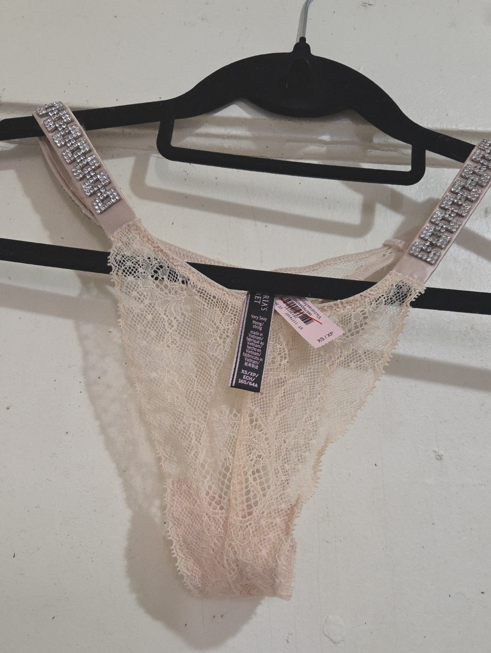 Victoria's Secret Pale Blush Lace Thong with Rhinestone Straps